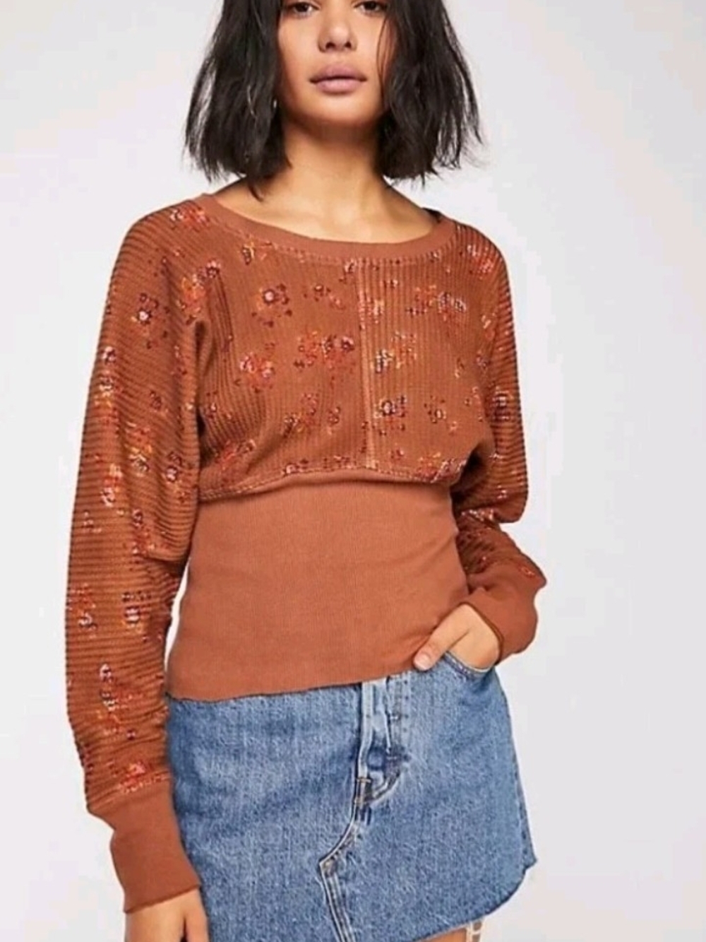 Free People Burnt Orange Floral Scoop-Neck Cropped Sweater